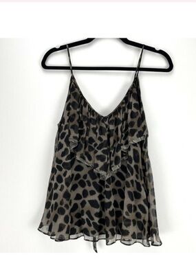 Rebecca Taylor Black and Gray Leopard-Print Ruffle Camisole